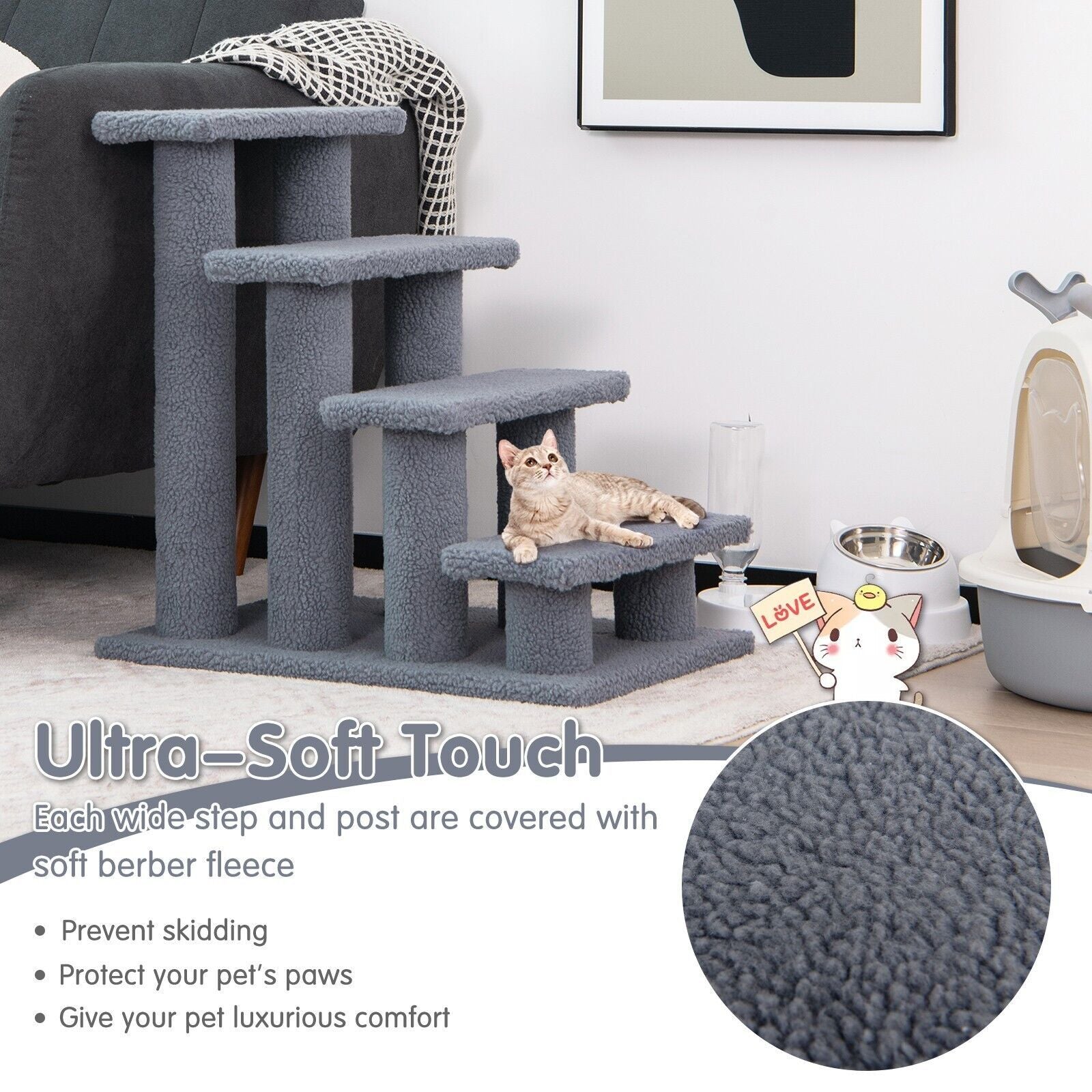 4-Step Carpeted Cat Dog Easy Climb Ladder