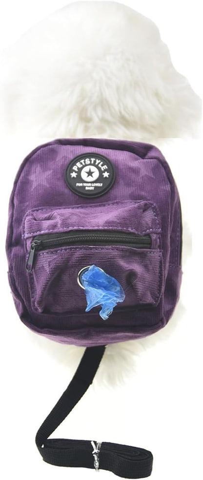 Dog Backpack Harness with Leash, Dog Poop Bag Dispenser, Pet Self Carrier Adjustable Travel Hiking Walking Harness Backpack for Small Medium Dogs (M(Fit:10-15Lb), Purple)