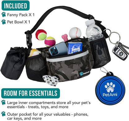 Hunde-Bauchtasche, Leckerlibeutel Für Hundespaziergänge, Training, Eingebauter Kotbeutelspender, Wasserflaschenhalter, Faltbarer Napf, Laufen, Trockenfutter (Camo Black)