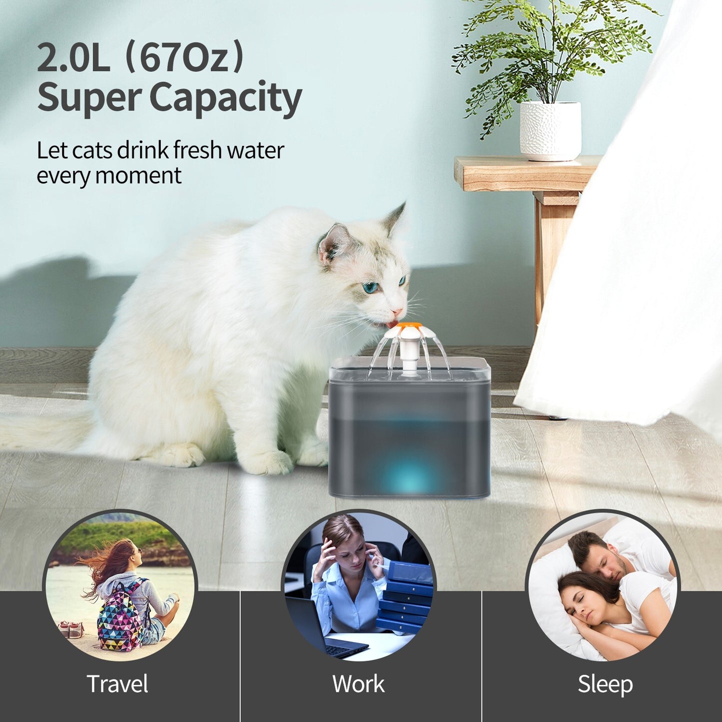 2L Cat Water Fountain Drinking Automatic Pet Dispenser Activated Carbon Filter