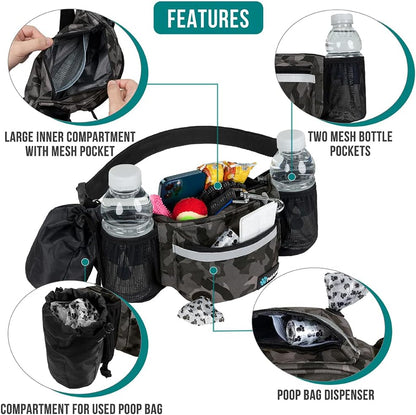 Hunde-Bauchtasche, Leckerlibeutel Für Hundespaziergänge, Training, Eingebauter Kotbeutelspender, Wasserflaschenhalter, Faltbarer Napf, Laufen, Trockenfutter (Camo Black)