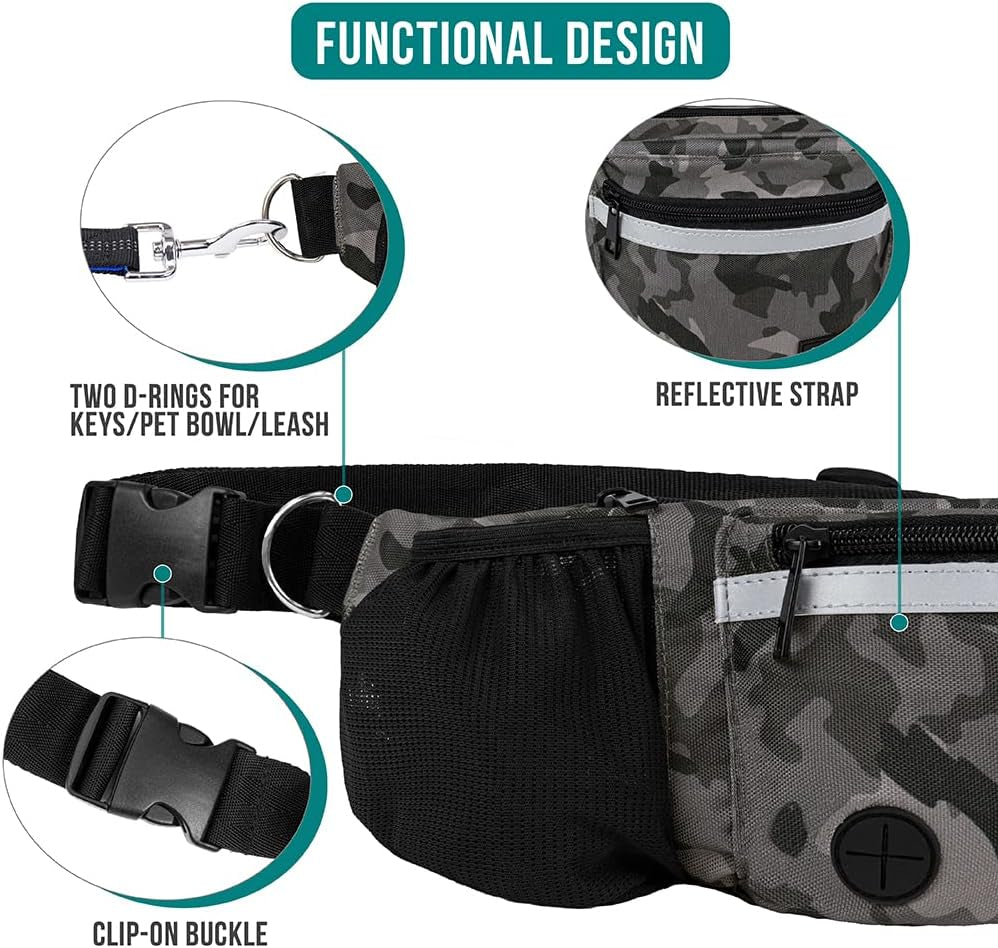 Hunde-Bauchtasche, Leckerlibeutel Für Hundespaziergänge, Training, Eingebauter Kotbeutelspender, Wasserflaschenhalter, Faltbarer Napf, Laufen, Trockenfutter (Camo Black)