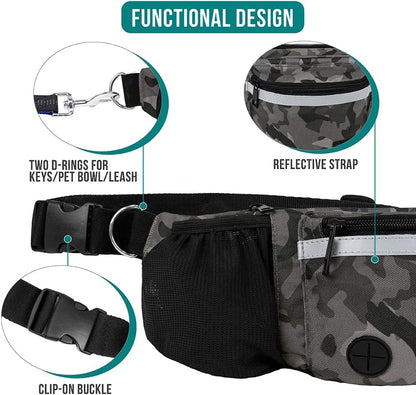 Hunde-Bauchtasche, Leckerlibeutel Für Hundespaziergänge, Training, Eingebauter Kotbeutelspender, Wasserflaschenhalter, Faltbarer Napf, Laufen, Trockenfutter (Camo Black)