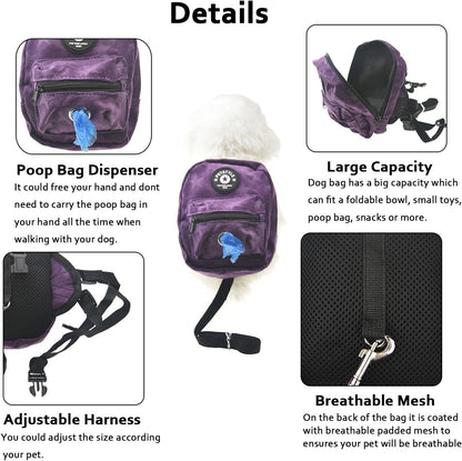 Dog Backpack Harness with Leash, Dog Poop Bag Dispenser, Pet Self Carrier Adjustable Travel Hiking Walking Harness Backpack for Small Medium Dogs (M(Fit:10-15Lb), Purple)