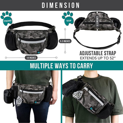 Hunde-Bauchtasche, Leckerlibeutel Für Hundespaziergänge, Training, Eingebauter Kotbeutelspender, Wasserflaschenhalter, Faltbarer Napf, Laufen, Trockenfutter (Camo Black)