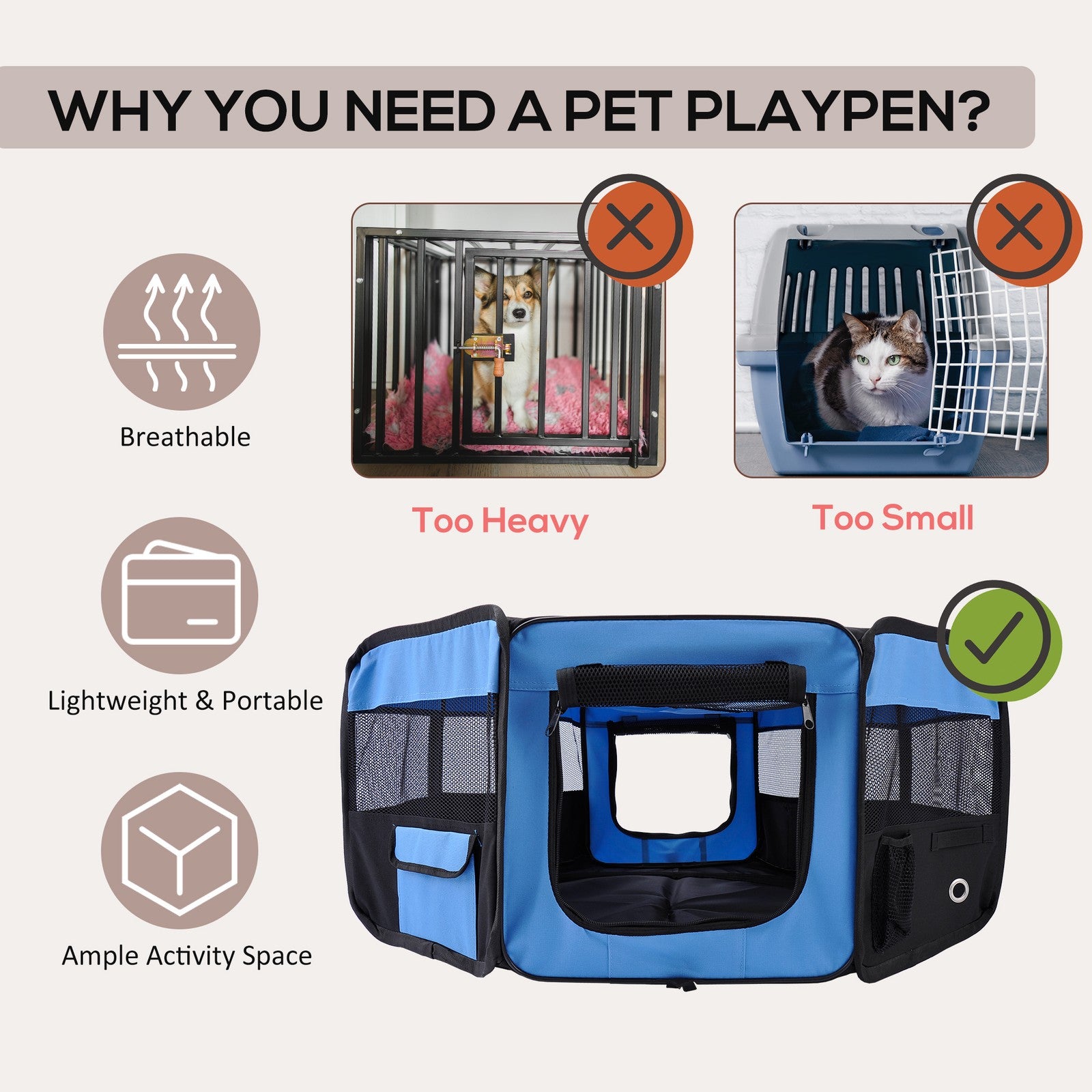 Fabric Pet Puppy Dog Cat Rabbit Pig Playpen Play Pen Run Blue Black 37X37X95Cm