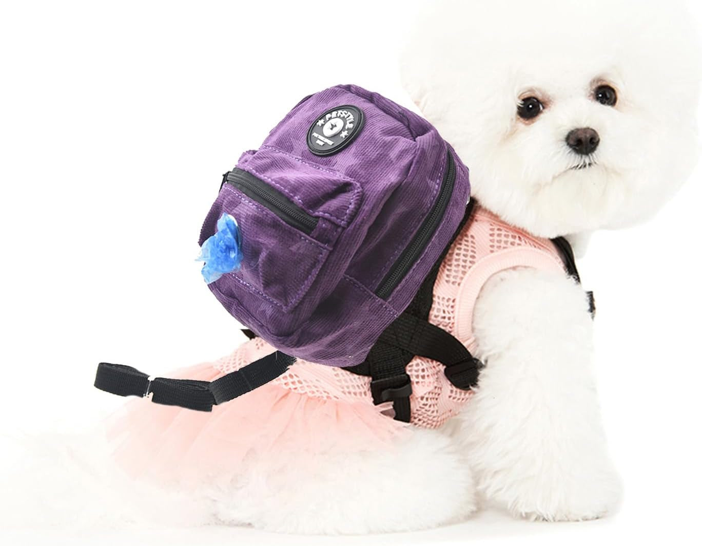 Dog Backpack Harness with Leash, Dog Poop Bag Dispenser, Pet Self Carrier Adjustable Travel Hiking Walking Harness Backpack for Small Medium Dogs (M(Fit:10-15Lb), Purple)