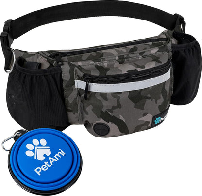 Hunde-Bauchtasche, Leckerlibeutel Für Hundespaziergänge, Training, Eingebauter Kotbeutelspender, Wasserflaschenhalter, Faltbarer Napf, Laufen, Trockenfutter (Camo Black)