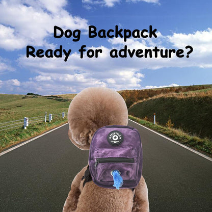 Dog Backpack Harness with Leash, Dog Poop Bag Dispenser, Pet Self Carrier Adjustable Travel Hiking Walking Harness Backpack for Small Medium Dogs (M(Fit:10-15Lb), Purple)