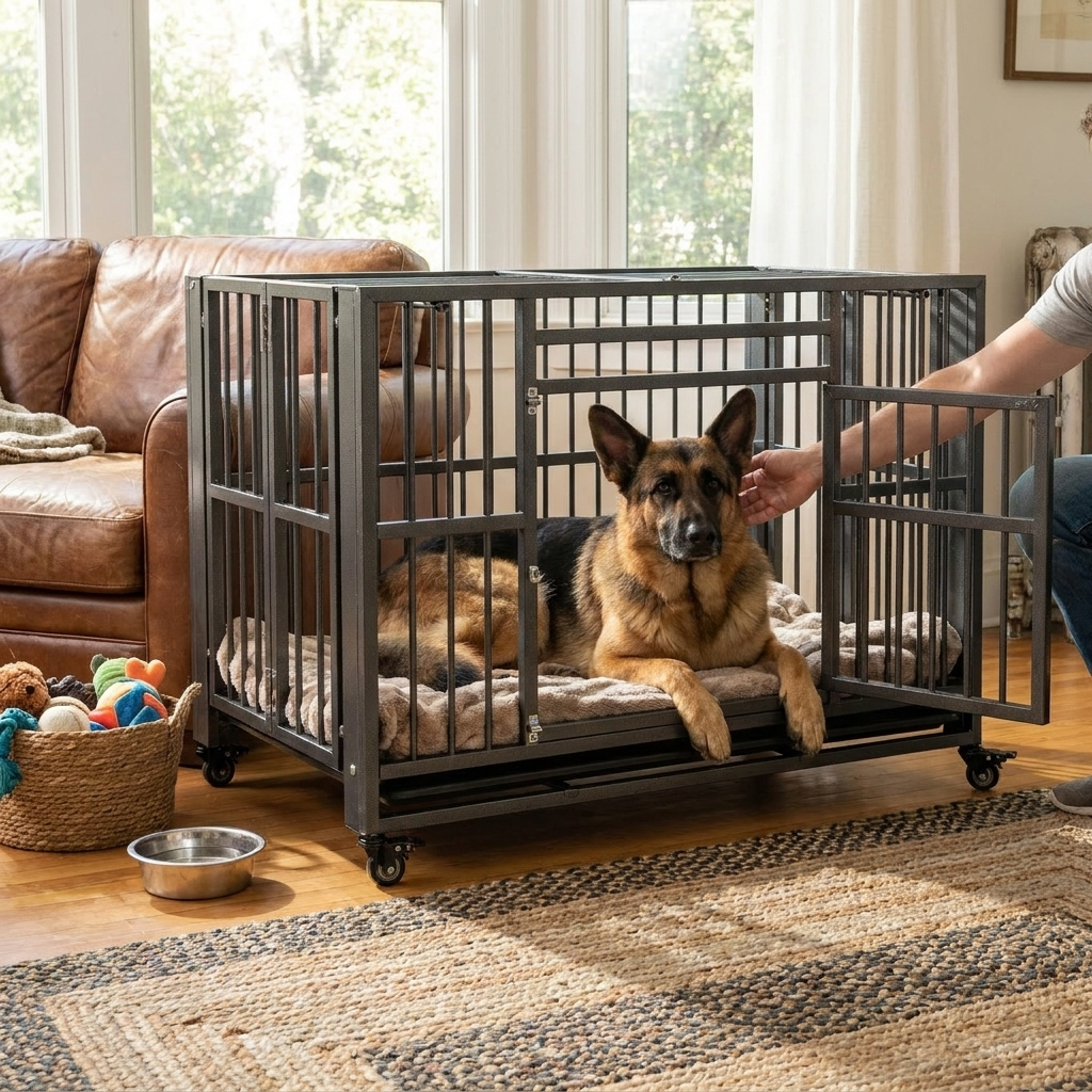 Foldable Metal Dog Crate on Wheels