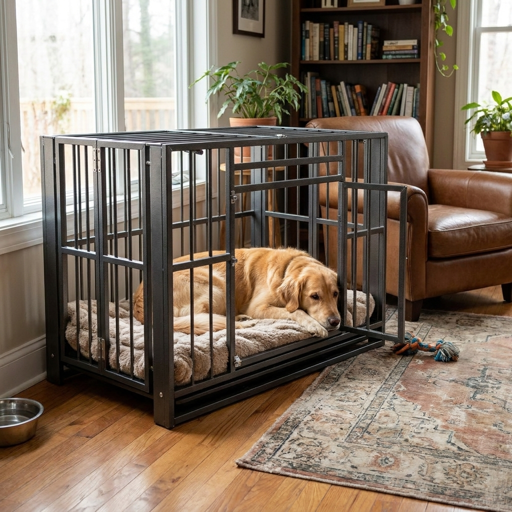 Foldable Metal Dog Crate on Wheels
