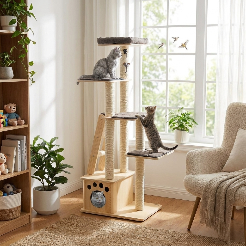 Wooden Cat Tower Modern Multi-Level