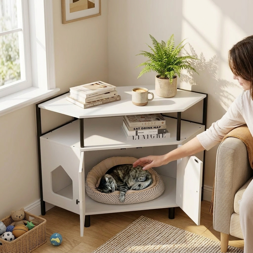 Corner Cat Litter Box Enclosure with Open Shelf