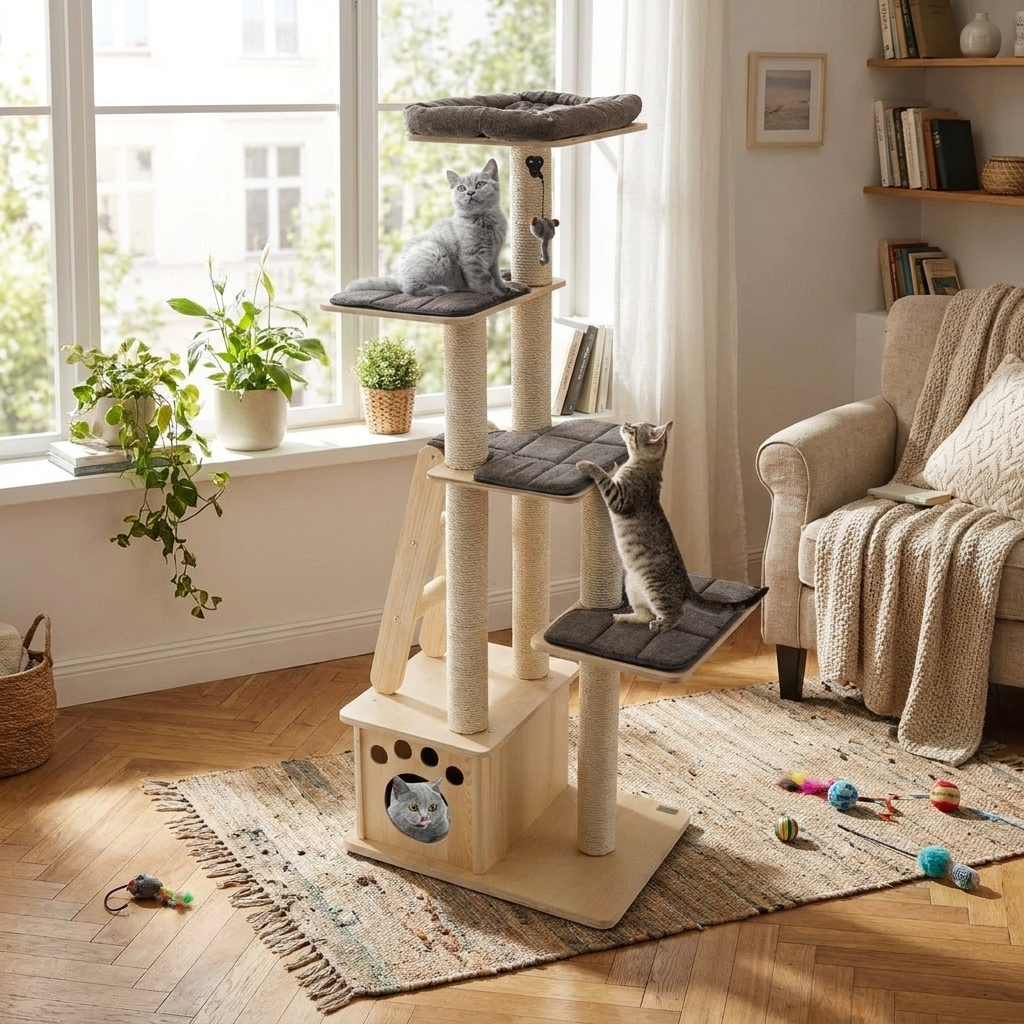 Modern Wooden Cat Tree Tower with Cat House